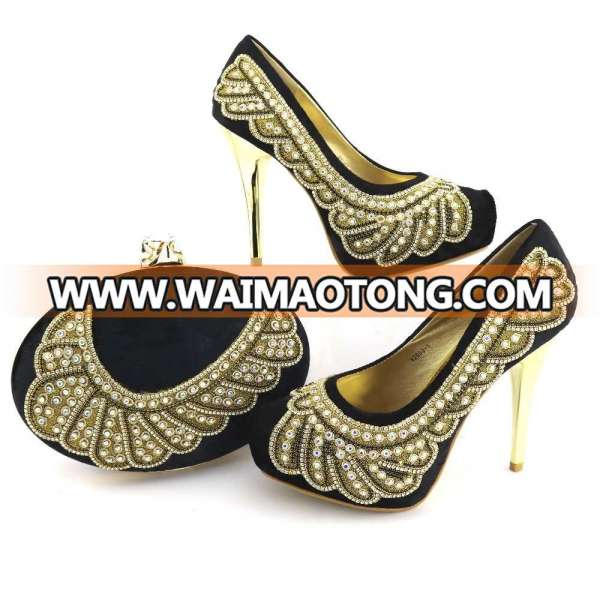 New Arrival Italian Style Rhinestone Woman Black Shoes And Bag Set African High Heels Shoes And Bag Purse For Party Dress